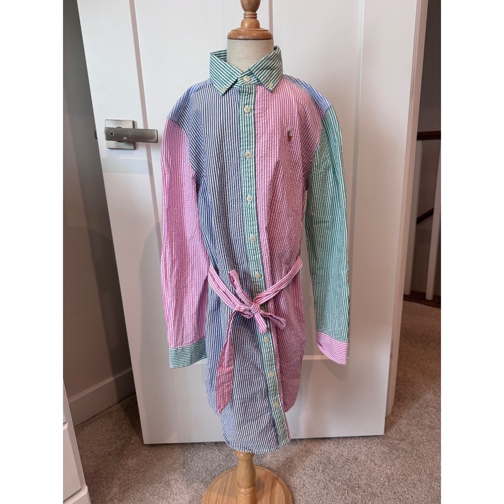 Polo Ralph Lauren Girls Patchwork Seersucker Striped Shirt Dress Pink Green 12